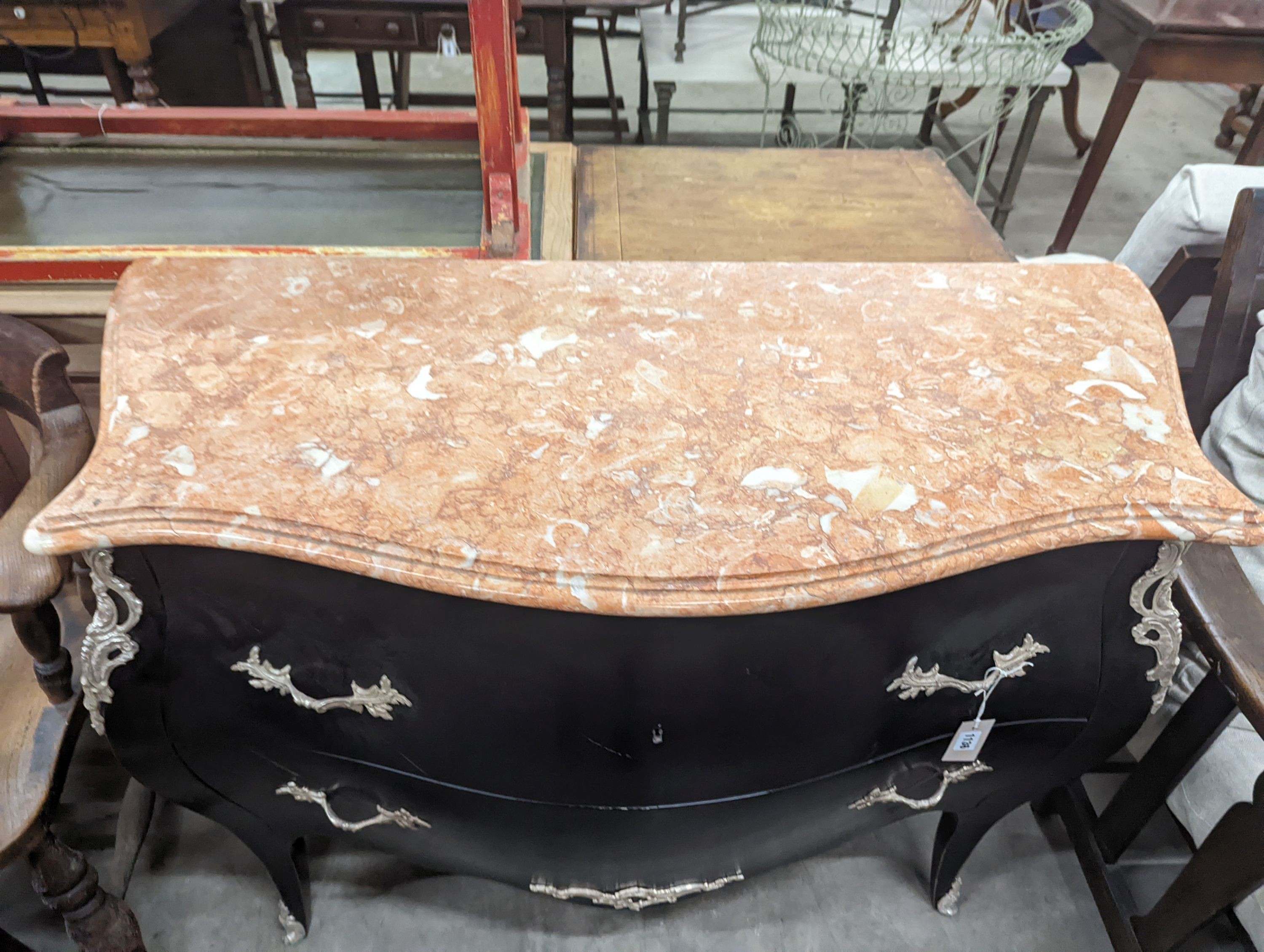 A Louis XV style painted marble top serpentine bombe commode, width 116cm, depth 52cm, height 85cm